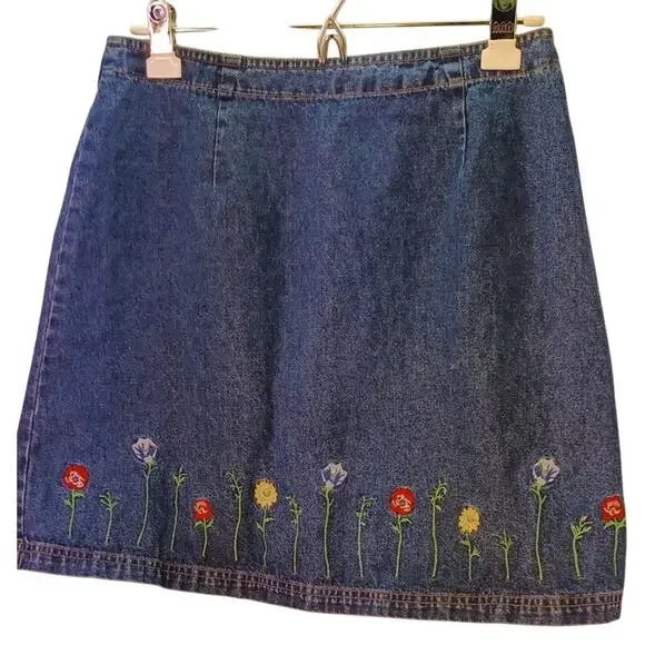 Vintage Route 66 Denim Mini Skirt with Floral Embroidery Size Small - Picture 3 of 7
